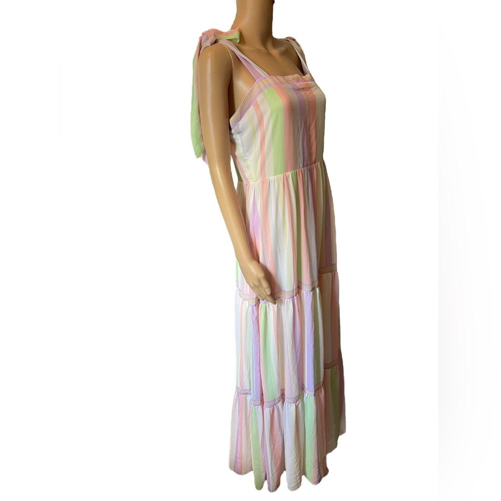Love Colette Pastel Pink Purple Green Femme Preppy Striped Tiered Maxi Dress - Picture 2 of 6